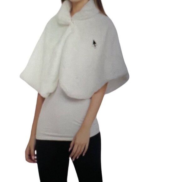 Nina Leonard White Faux Fur Wrap Jacket Capelet Medium Crystal Bling Button New - Picture 10 of 16